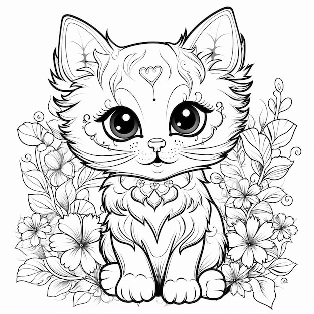 um desenho em preto e branco de um gato com corações no peito ai generativo