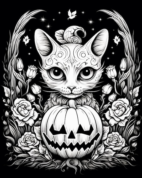 um desenho em preto e branco de um gato com um jack o lantern generative ai