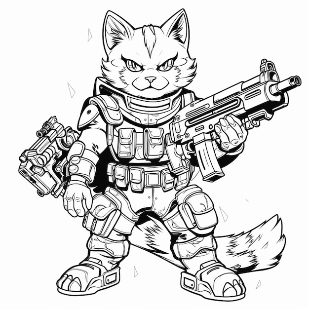 um desenho em preto e branco de um gato com uma arma generativa ai