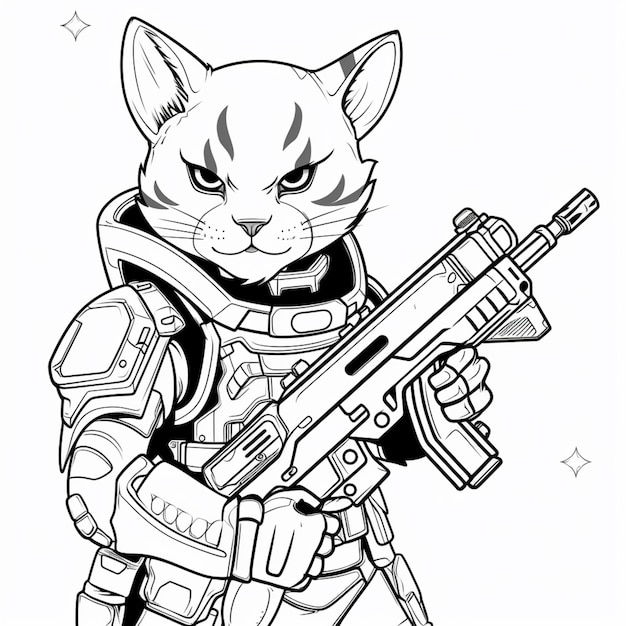 um desenho em preto e branco de um gato com uma arma generativa ai