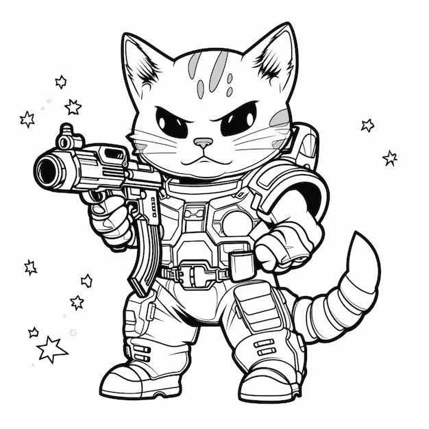 um desenho em preto e branco de um gato em traje espacial segurando uma arma generativa ai