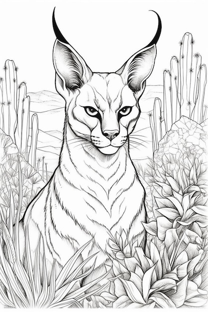 um desenho em preto e branco de um gato no deserto generativo ai