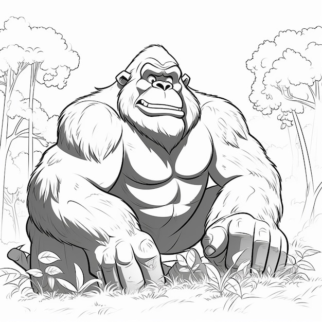um desenho em preto e branco de um gorila sentado na grama gerando IA