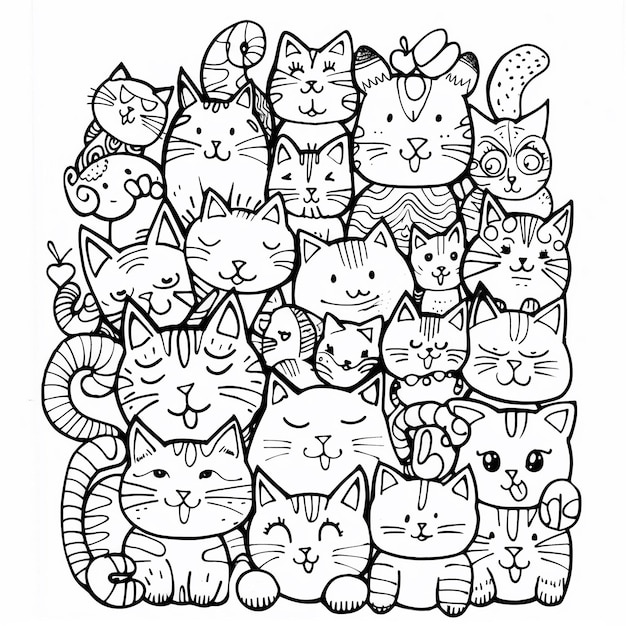um desenho em preto e branco de um grupo de gatos generativo ai