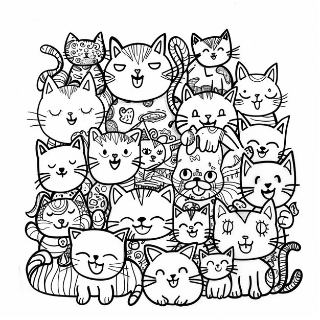 um desenho em preto e branco de um grupo de gatos generativo ai