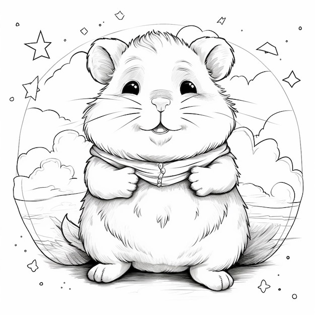 um desenho em preto e branco de um hamster com um colar ao redor do pescoço