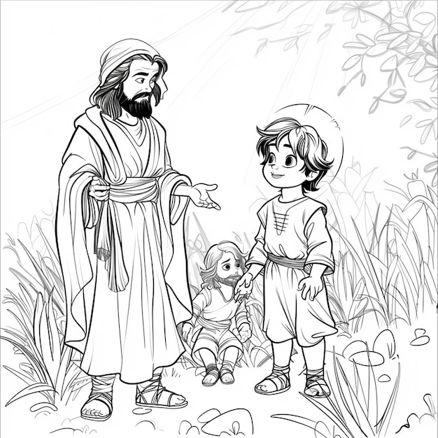 Foto um desenho em preto e branco de um homem e uma criança em um campo generativo ai