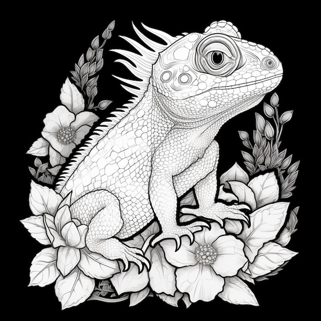um desenho em preto e branco de um lagarto com flores generativas ai