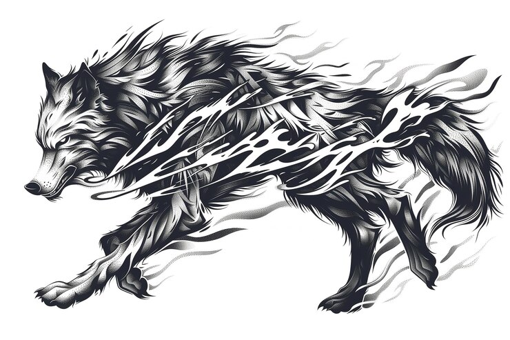 Foto um desenho em preto e branco de um lobo com chamas nele