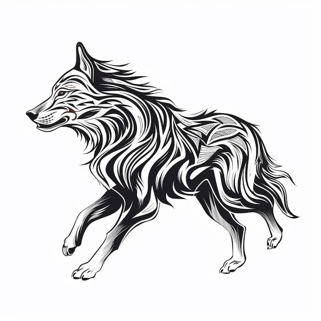 Um desenho em preto e branco de um lobo com uma longa crina generativa ai
