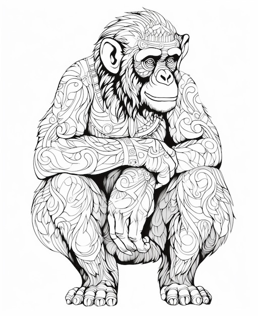 um desenho em preto e branco de um macaco com uma tatuagem no braço ai generativa