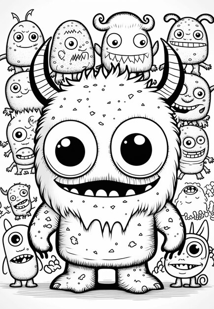 Foto um desenho em preto e branco de um monstro cercado por outros monstros.