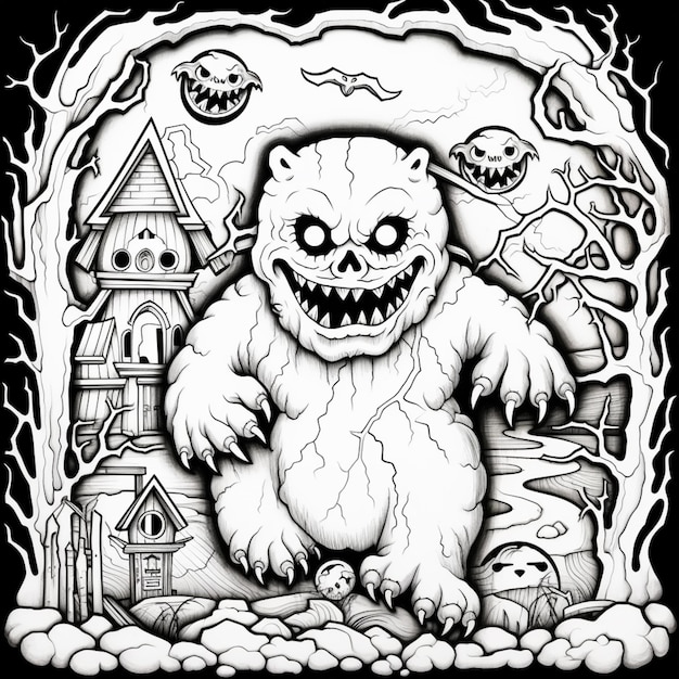 um desenho em preto e branco de um monstro com um castelo no fundo