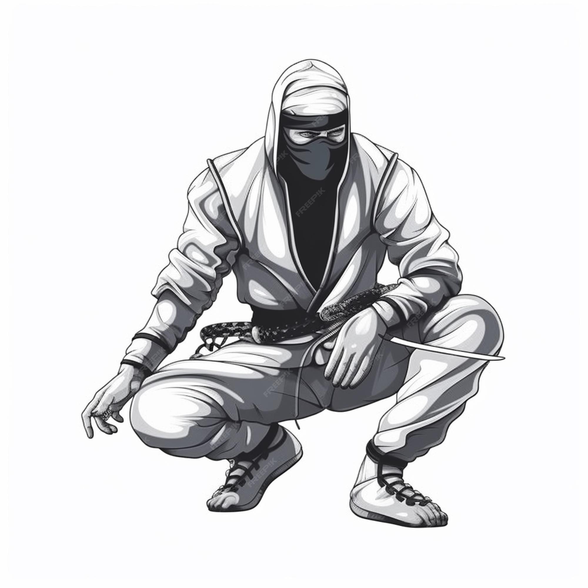 Um desenho em preto e branco de um ninja ajoelhado em ia generativa