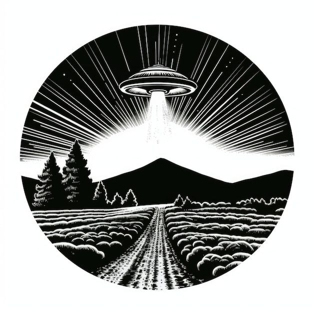 Um desenho em preto e branco de um OVNI com as palavras " OVNI " nele.