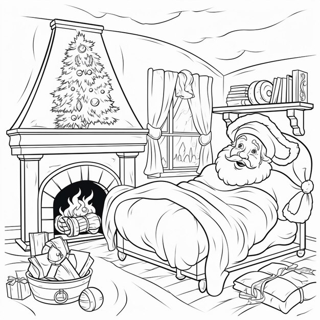 Foto um desenho em preto e branco de um papai noel em seu quarto