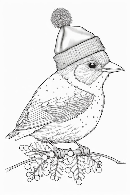 um desenho em preto e branco de um pássaro vestindo um chapéu generativo ai