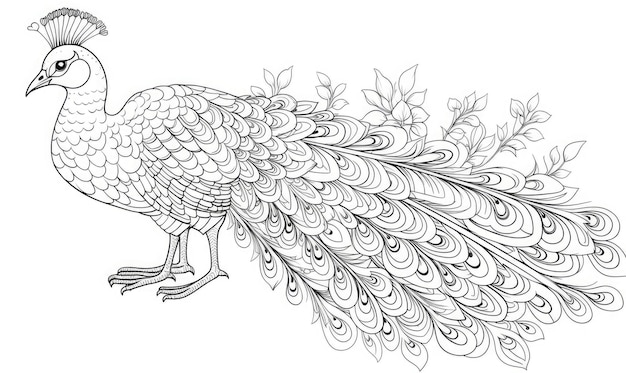 Um desenho em preto e branco de um pavão