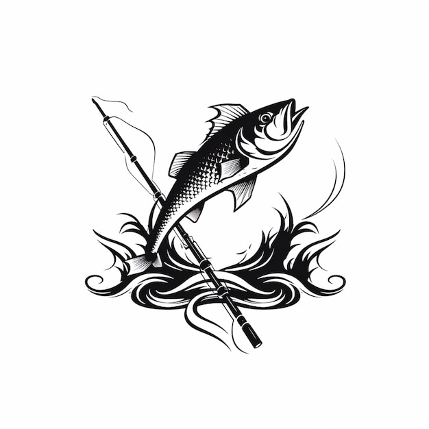 um desenho em preto e branco de um peixe em uma vara de pesca generativa ai