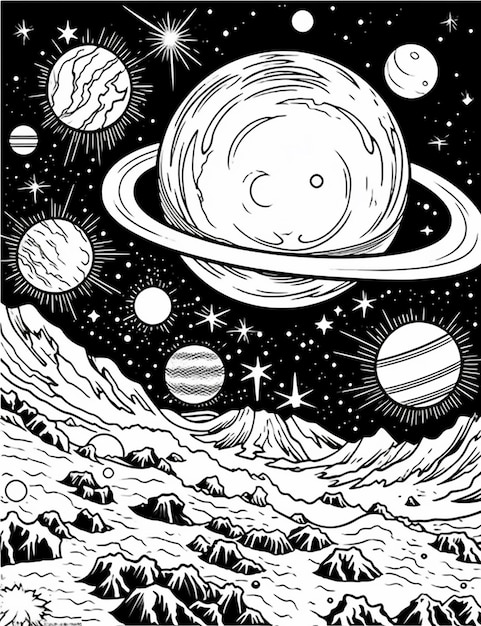 um desenho em preto e branco de um planeta com montanhas e estrelas generativ ai
