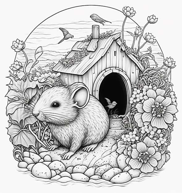 um desenho em preto e branco de um rato em uma casa de passarinho generativa ai