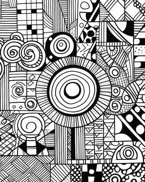 um desenho em preto e branco de um sol cercado por círculos generativos ai