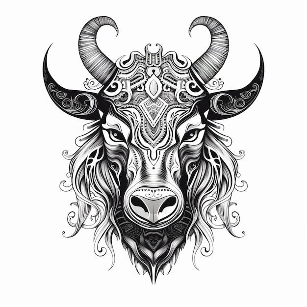 um desenho em preto e branco de um touro com padrões complexos. IA generativa.