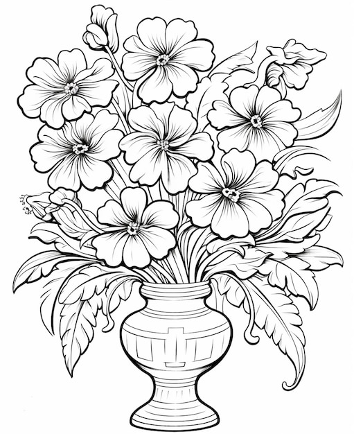 um desenho em preto e branco de um vaso com flores. IA generativa.