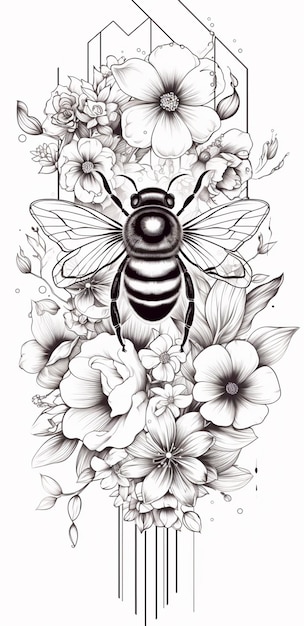 um desenho em preto e branco de uma abelha cercada por flores generativas ai