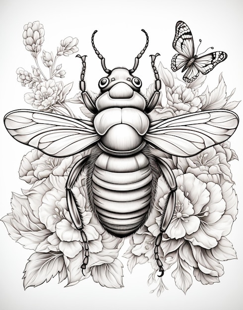 um desenho em preto e branco de uma abelha cercada por flores