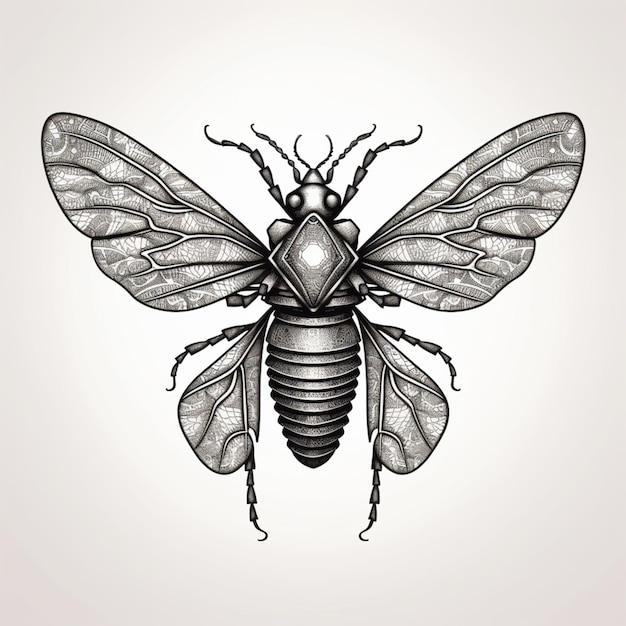 Um desenho em preto e branco de uma abelha com asas ornamentadas