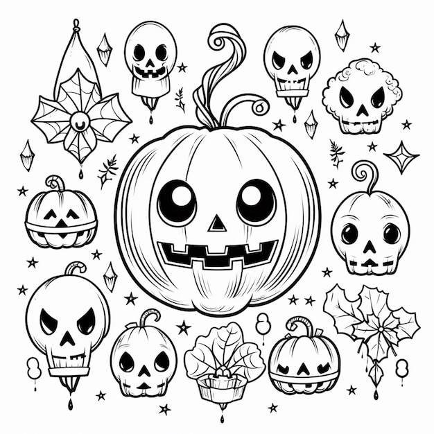 Foto um desenho em preto e branco de uma abóbora cercada por outros itens de halloween geradores de ia