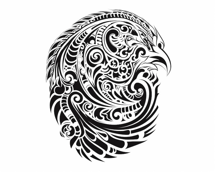 Foto um desenho em preto e branco de uma águia com um design tribal generativo ai