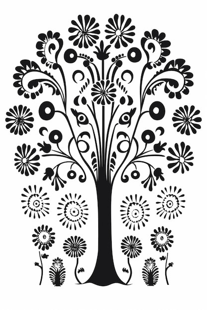 um desenho em preto e branco de uma árvore com flores e pássaros generativos ai