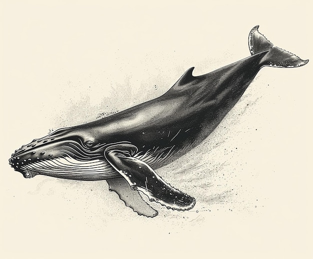 Um desenho em preto e branco de uma baleia A baleia está nadando no oceano e ele está em movimento A imagem tem um humor sereno e pacífico como a baleia é retratada como uma criatura graciosa e majestosa
