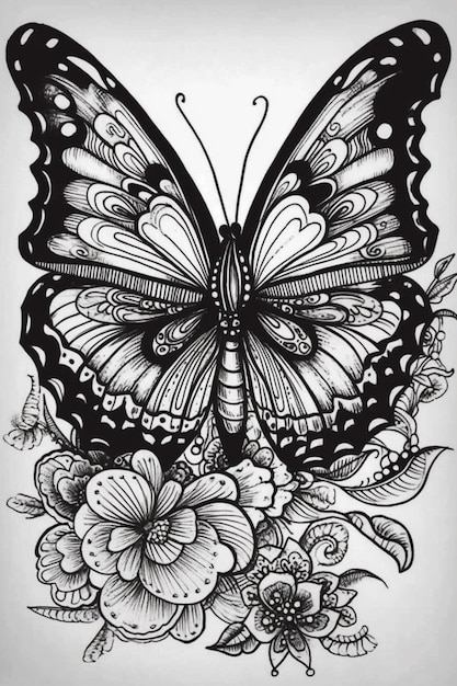 um desenho em preto e branco de uma borboleta com flores generativas ai