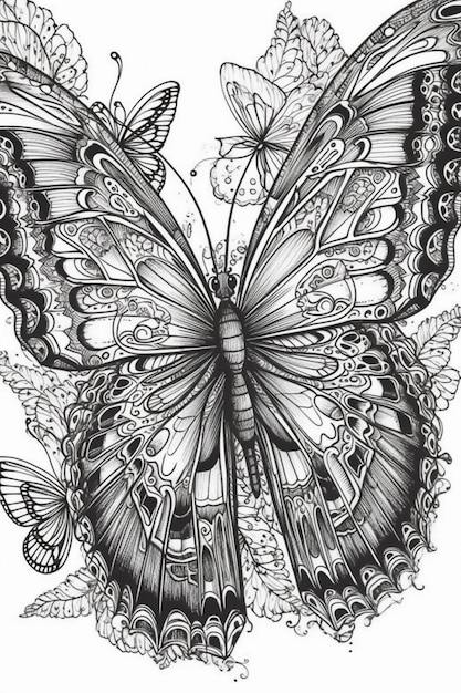 um desenho em preto e branco de uma borboleta com flores generativas ai