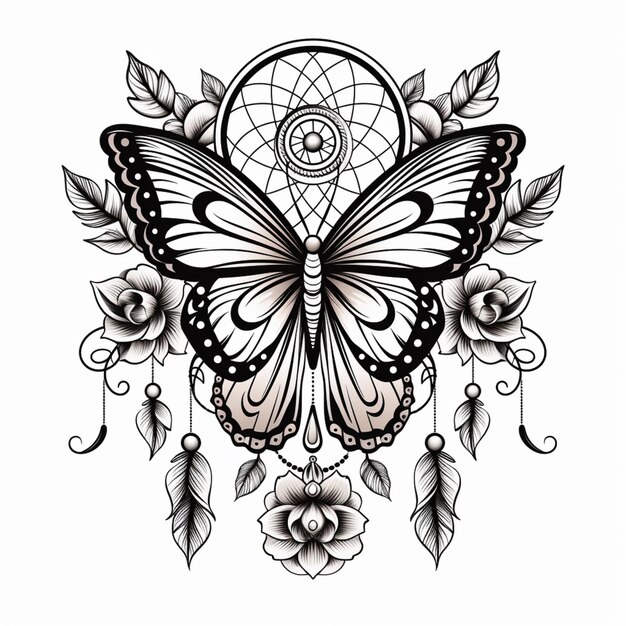 um desenho em preto e branco de uma borboleta com um caçador de sonhos generativo ai