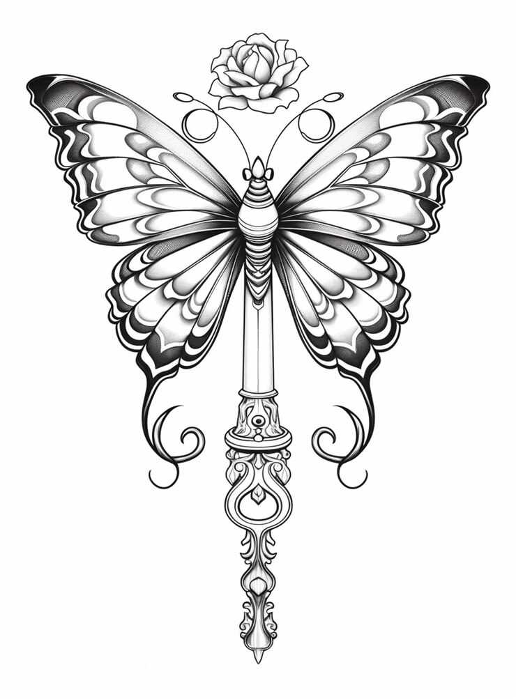 Foto um desenho em preto e branco de uma borboleta com uma chave ai generative