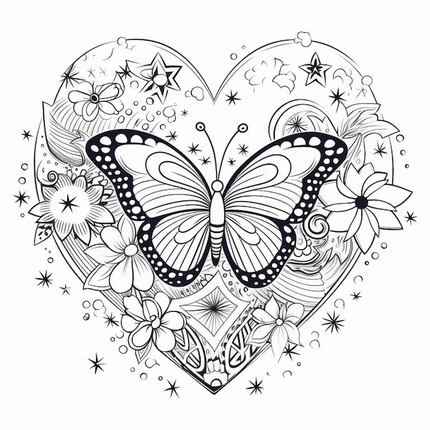 um desenho em preto e branco de uma borboleta em um coração generativo ai