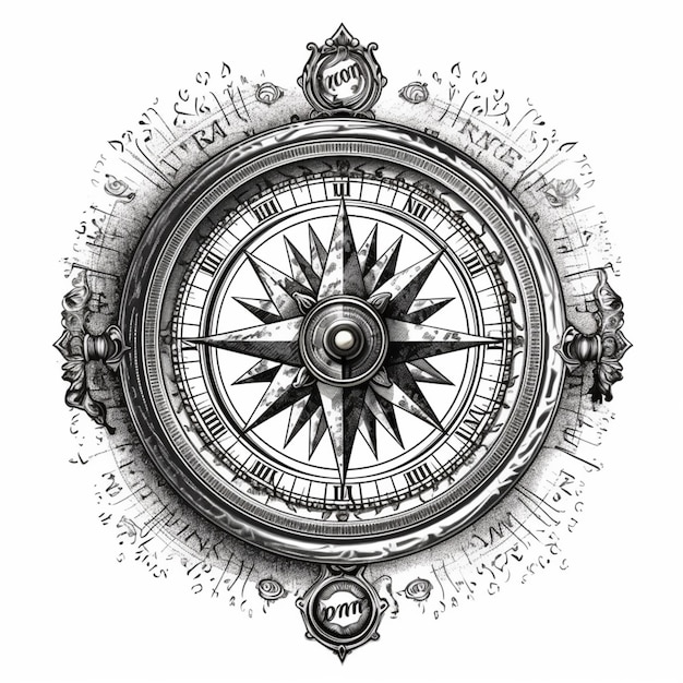 um desenho em preto e branco de uma bússola com um relógio generativo ai