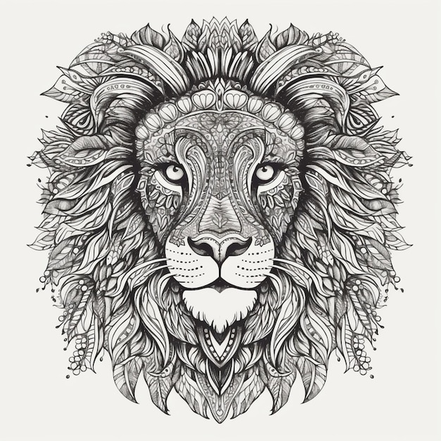 um desenho em preto e branco de uma cabeça de leão com folhas generativas ai
