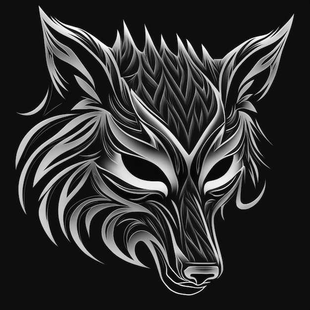 Um desenho em preto e branco de uma cabeça de lobo com um padrão tribal generativo ai