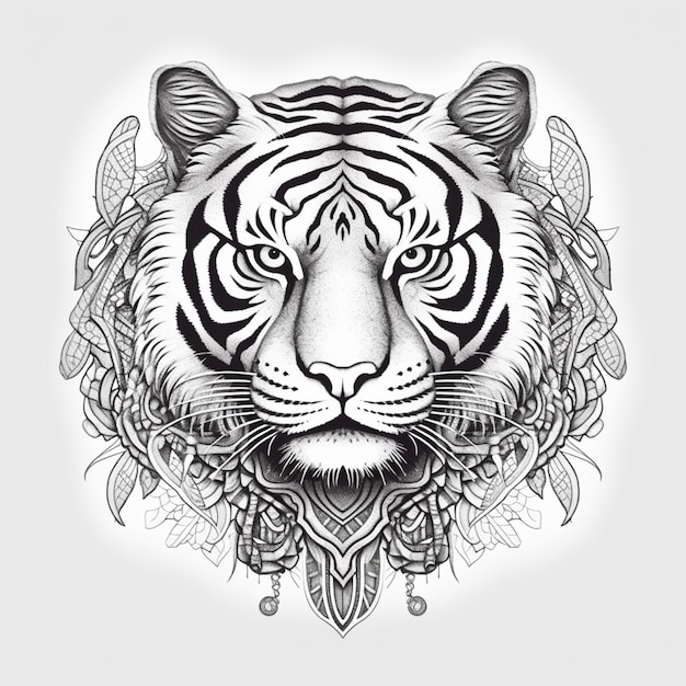 Foto um desenho em preto e branco de uma cabeça de tigre com um padrão generativo ai