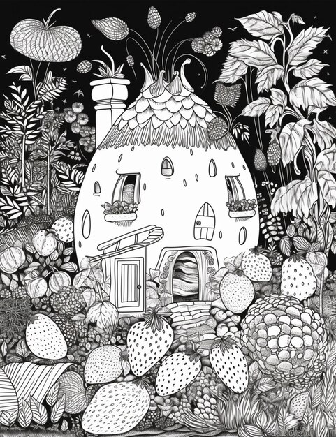 um desenho em preto e branco de uma casa cercada por plantas generativas ai