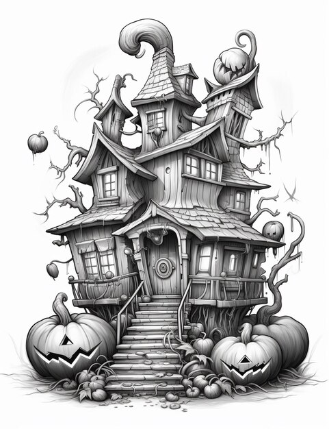 um desenho em preto e branco de uma casa com abóboras e Jack o lanterna generativa ai