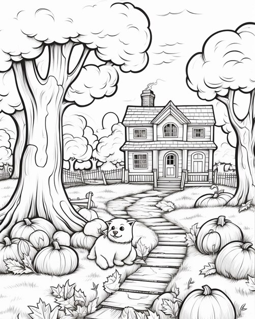 um desenho em preto e branco de uma casa com abóboras e um cão generativo ai