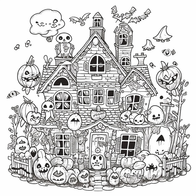 um desenho em preto e branco de uma casa com decorações de Halloween