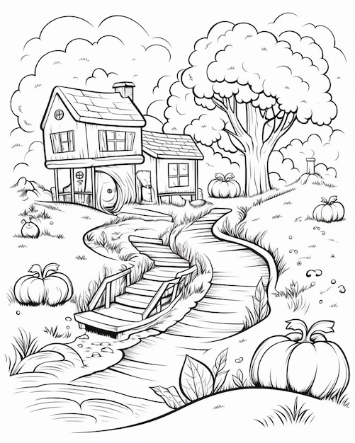 um desenho em preto e branco de uma casa com um barco no quintal