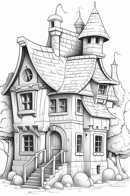 Um desenho em preto e branco de uma casa com um campanário generativo ai